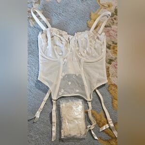Off White Lace Bustier with Garters and Lace thigh high embroidered hose.